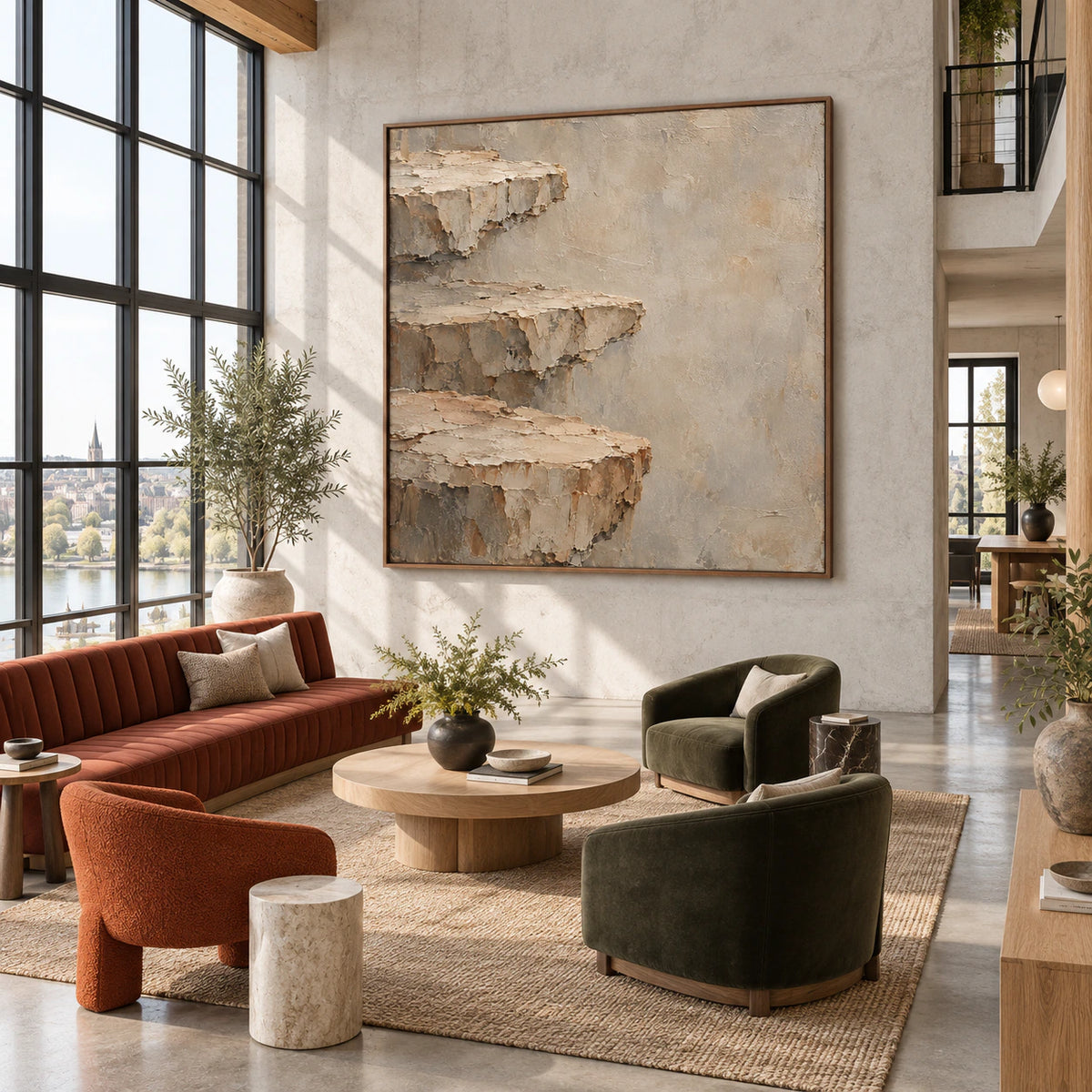 Weathered-Ledge as a large focal artwork in an expansive loft hospitality interior.