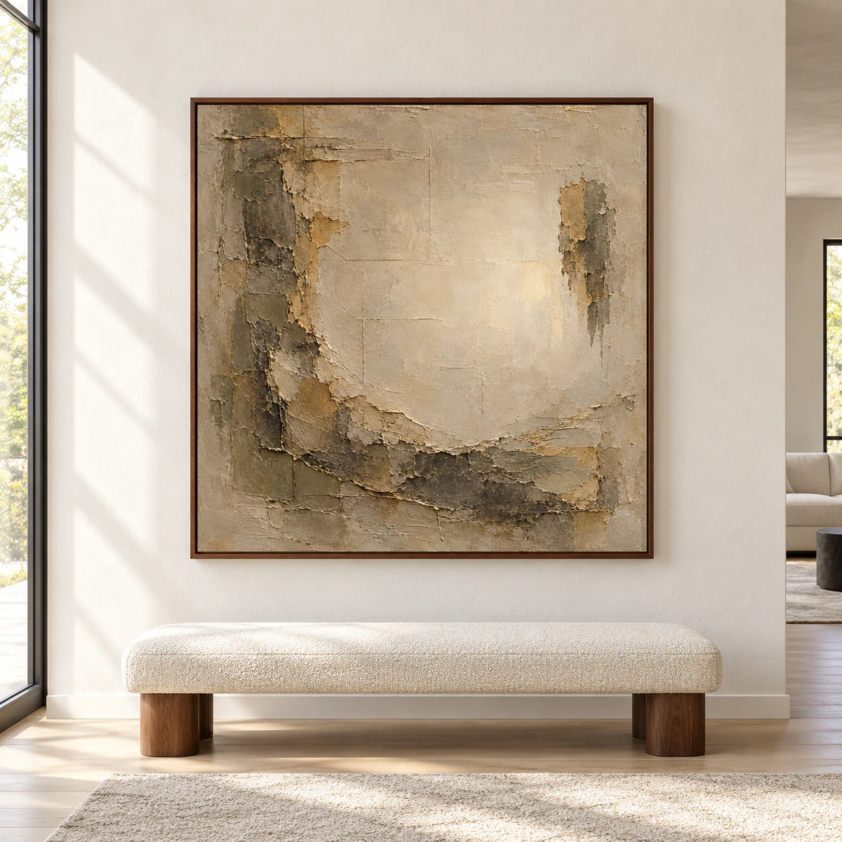 Large square abstract painting on a light wall above a low bench in an open contemporary room, viewed straight on in bright daylight.