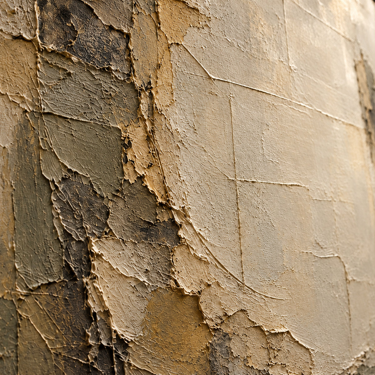 Close detail of Weathered-Mantle from an oblique side angle, with grazing light revealing raised paint, fine fissures and layered earth tones.