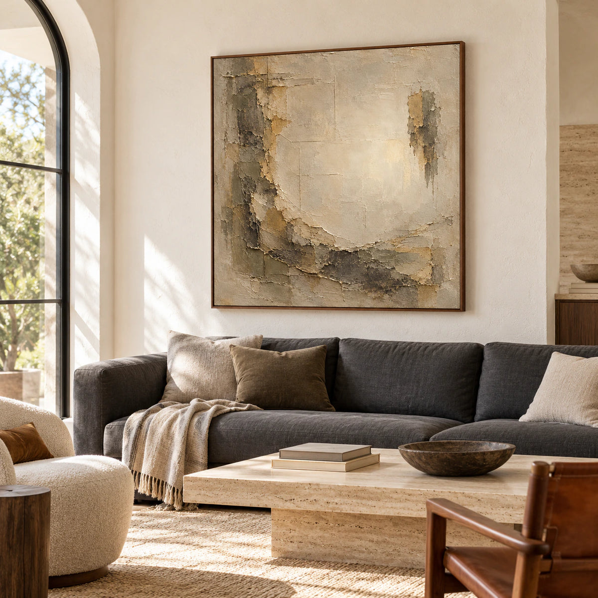 Square abstract painting above a charcoal-gray sofa in a bright living room with pale walls and dark wood accents, viewed obliquely from the left.