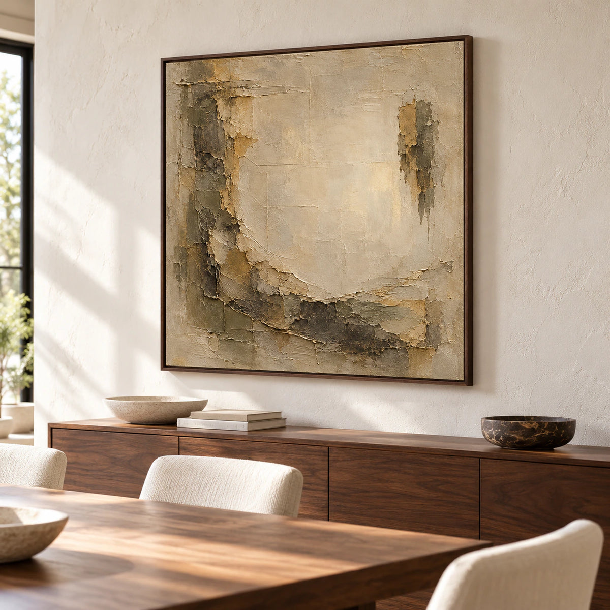 Square abstract painting above a dark walnut sideboard in a bright dining room with a long table and pale chairs, viewed obliquely from the right.