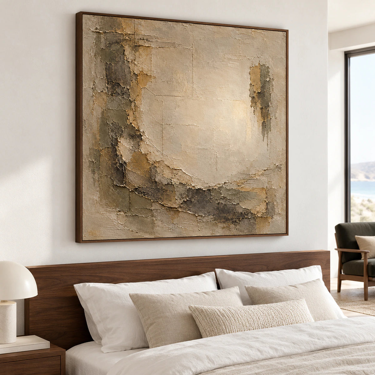 Square abstract painting above a dark wood headboard, viewed across white bed linen from a low left angle in soft morning light.