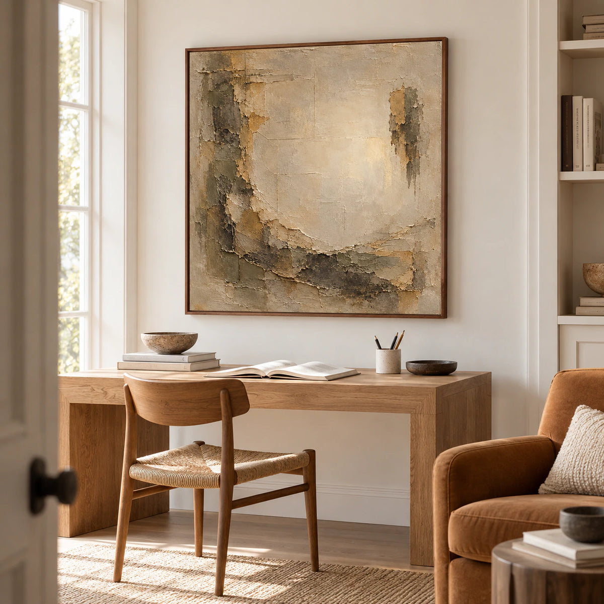 Square abstract painting beside a simple desk and chair in an airy home office with tall windows, viewed from a slightly elevated right angle.