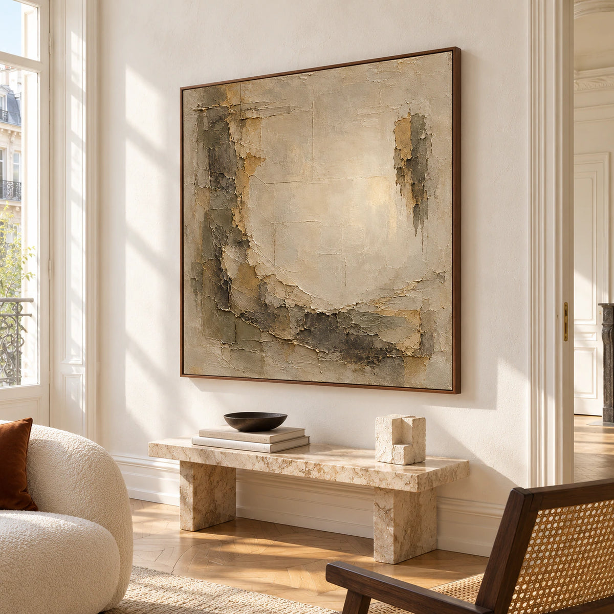 Large square abstract painting displayed in a bright classic interior with decorative moldings and parquet flooring.