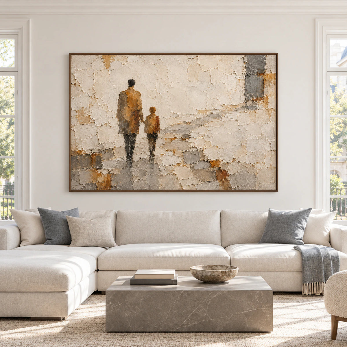 Straight-on view of the large horizontal Weathered-Passage painting in a spacious, refined interior with restrained furnishings and bright natural daylight.
