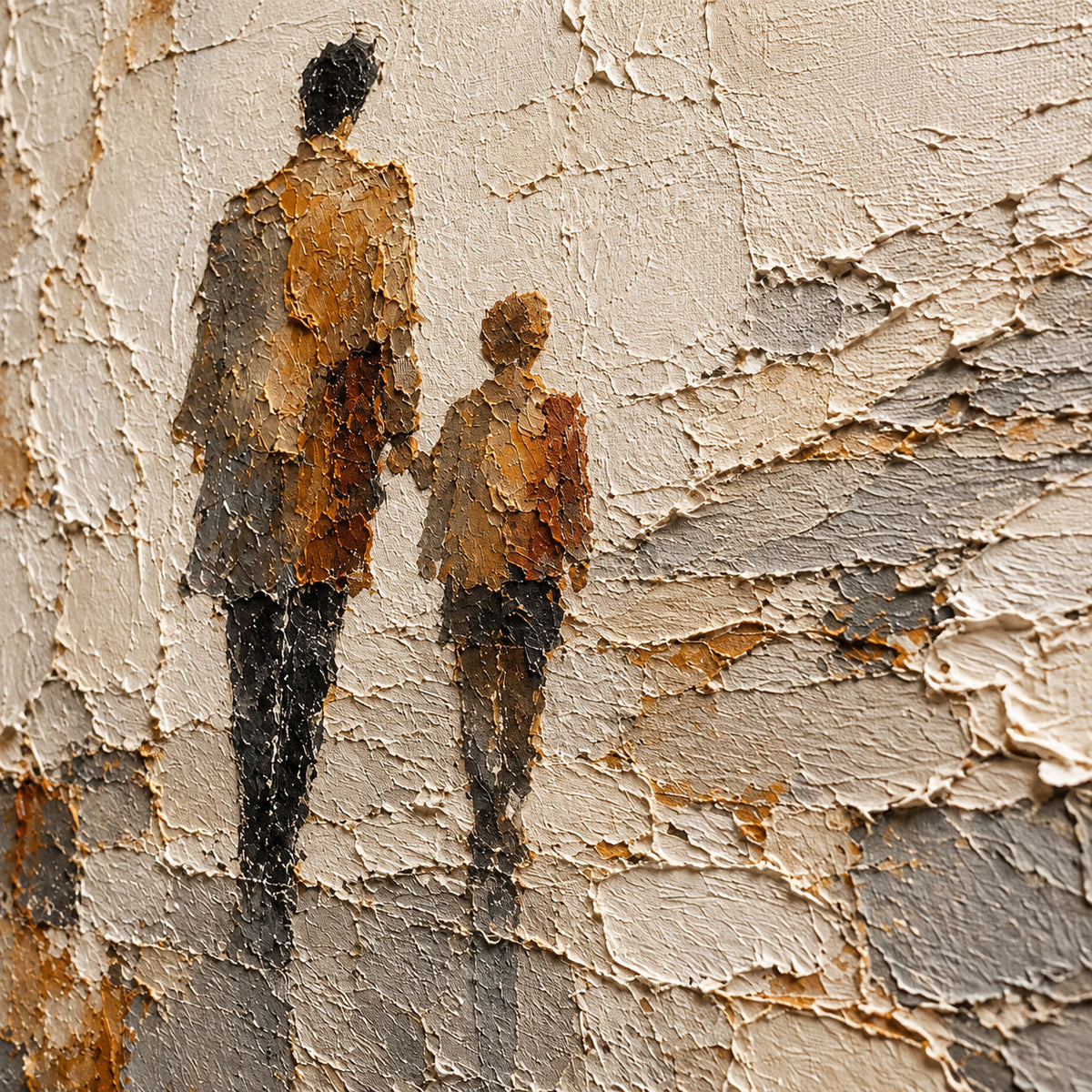 Square close-up of Weathered-Passage from an oblique side angle, with grazing light revealing raised paint, layered brushwork and ivory, ochre and gray details.