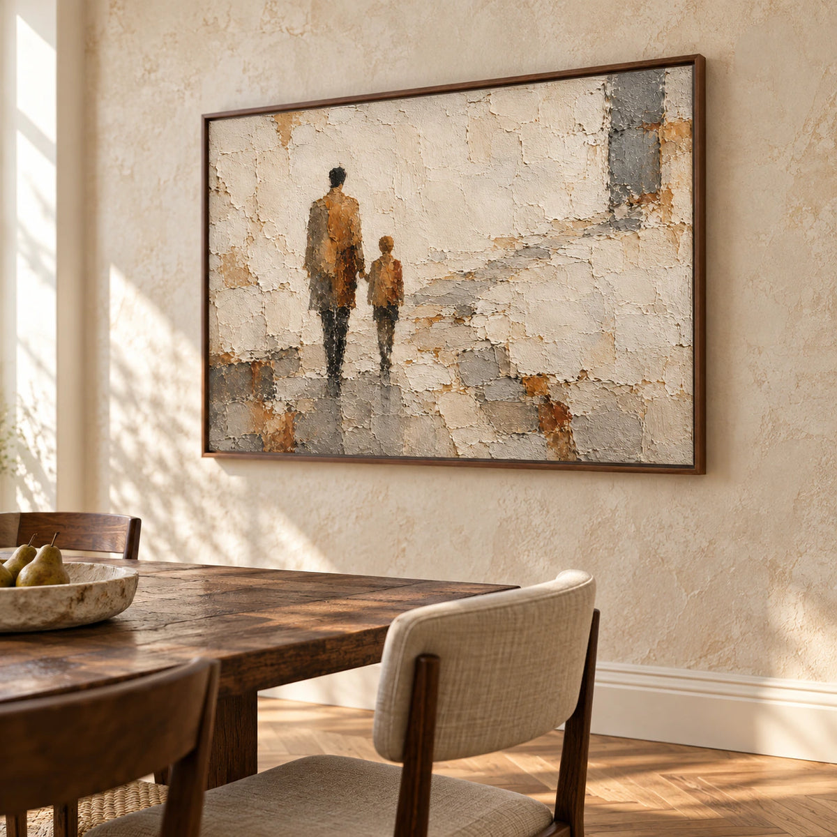 Weathered-Passage painting on a warm stone dining room wall, viewed from a left oblique angle at seated eye level beyond a dark wood table.