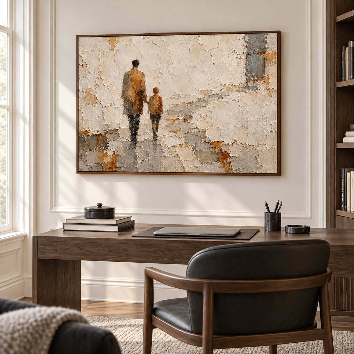 Weathered-Passage painting above a simple desk and chair in an airy office and reading space with light plaster walls and dark furnishings, viewed obliquely from below.