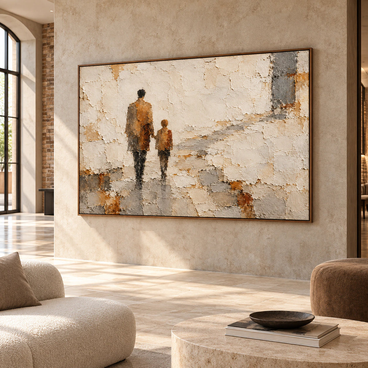 Large horizontal Weathered-Passage painting in a bright foyer with pale stone flooring, open sightlines and sparse furniture, viewed from the left at standing height.