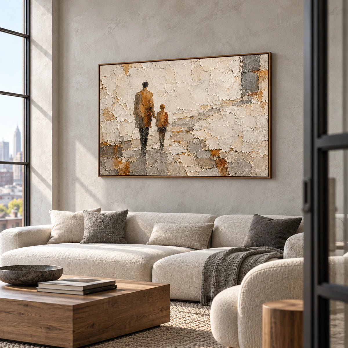 Weathered-Passage painting on a tall muted slate wall in an expansive, daylit loft interior, viewed obliquely from the right across wood and cool-neutral furnishings.