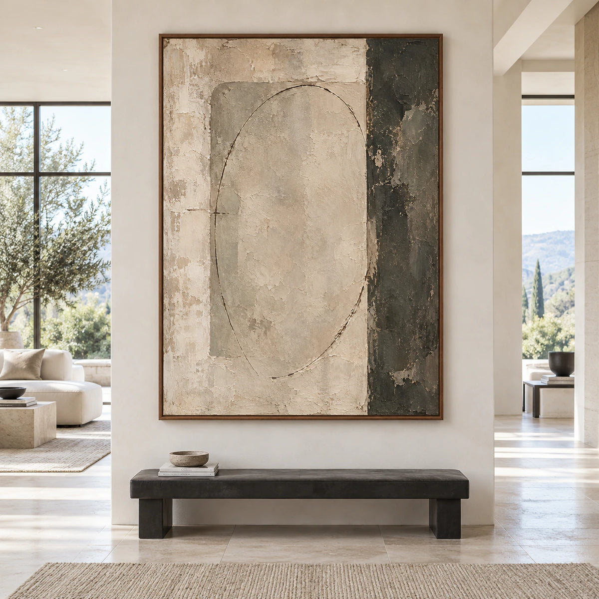 Weathered-Portal displayed at large scale in a bright architectural living space, viewed perfectly straight-on.