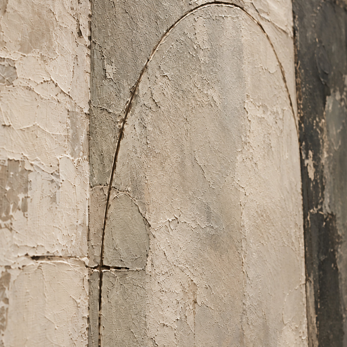 Weathered-Portal oil painting brushwork and impasto detail photographed from an oblique side angle