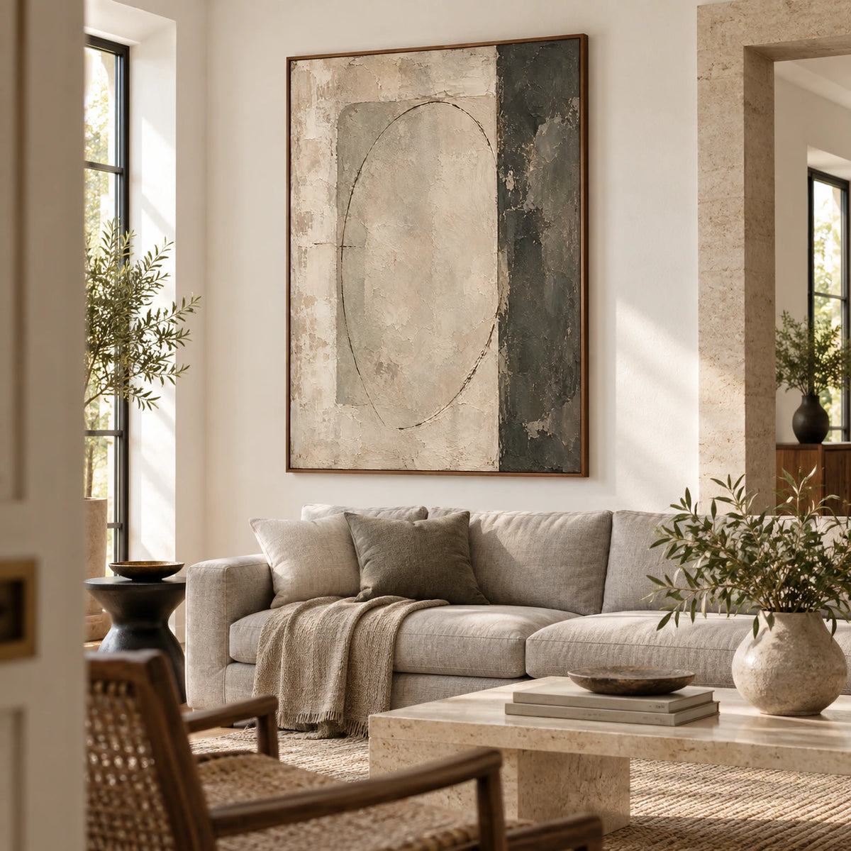 Weathered-Portal above a restrained sofa in a bright daylight living room.