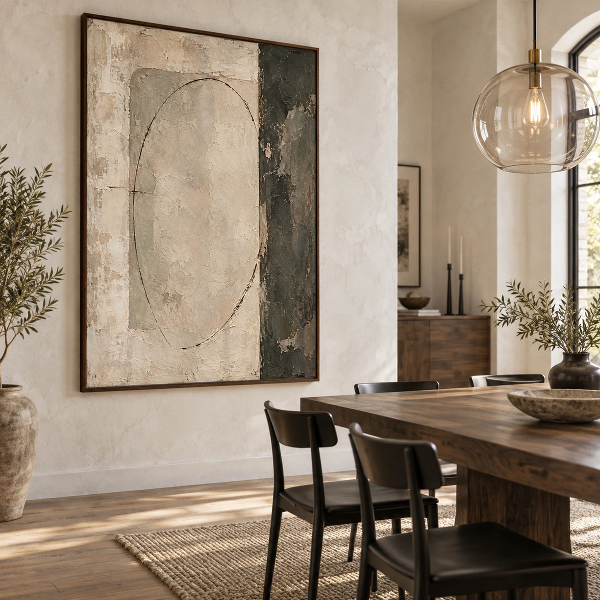 Weathered-Portal as the focal artwork in a refined, sunlit dining room.