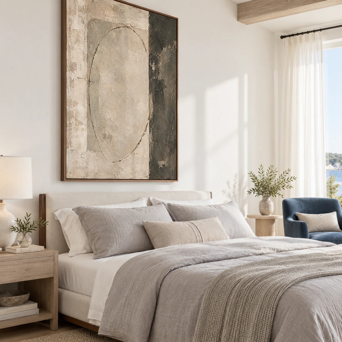 Weathered-Portal bringing quiet contrast to a softly lit contemporary bedroom.