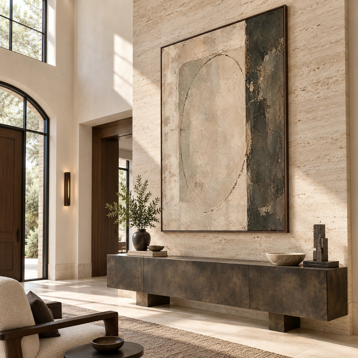 Weathered-Portal installed at gallery scale in an open, light-filled foyer.