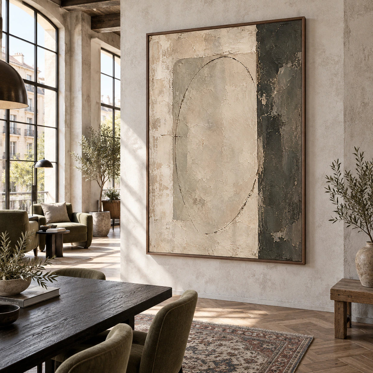 Weathered-Portal as a large vertical focal point in an expansive hospitality loft interior.
