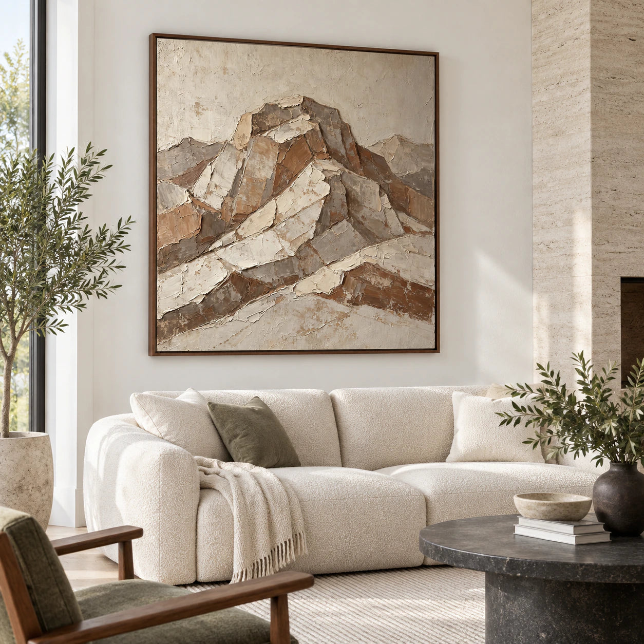 Weathered-Ridge above a sofa in a bright contemporary living room.