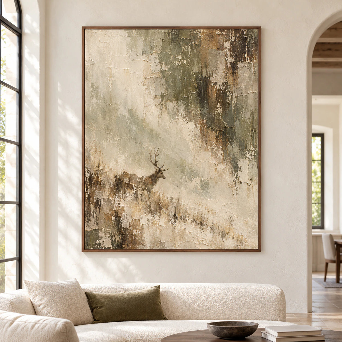Weathered-Stag painting centered on a pale plaster wall in a spacious, daylit interior, viewed straight-on with restrained contrasting furniture.