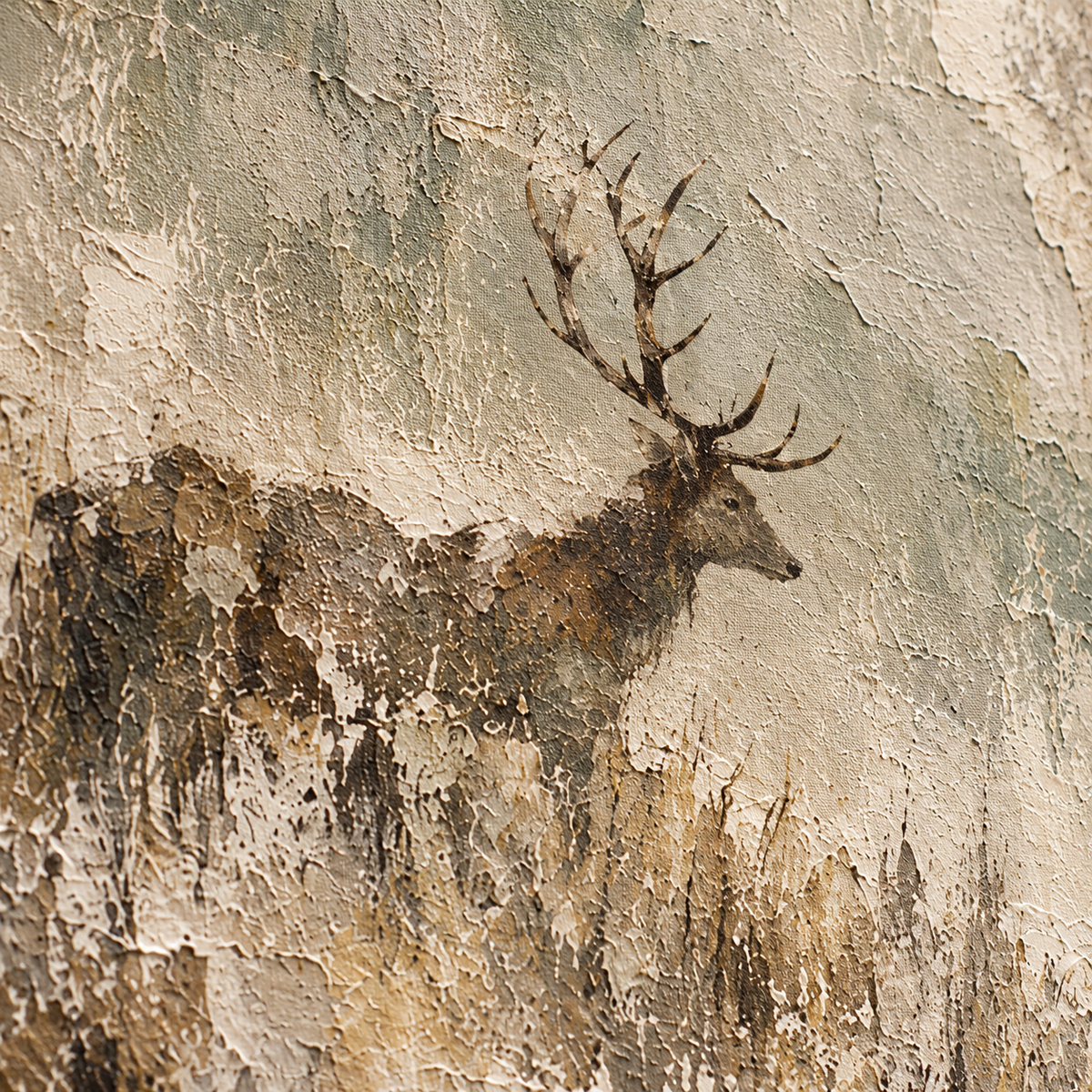 Close detail of the Weathered-Stag oil painting from an oblique side angle, with grazing light revealing raised paint, layered texture and tonal transitions.