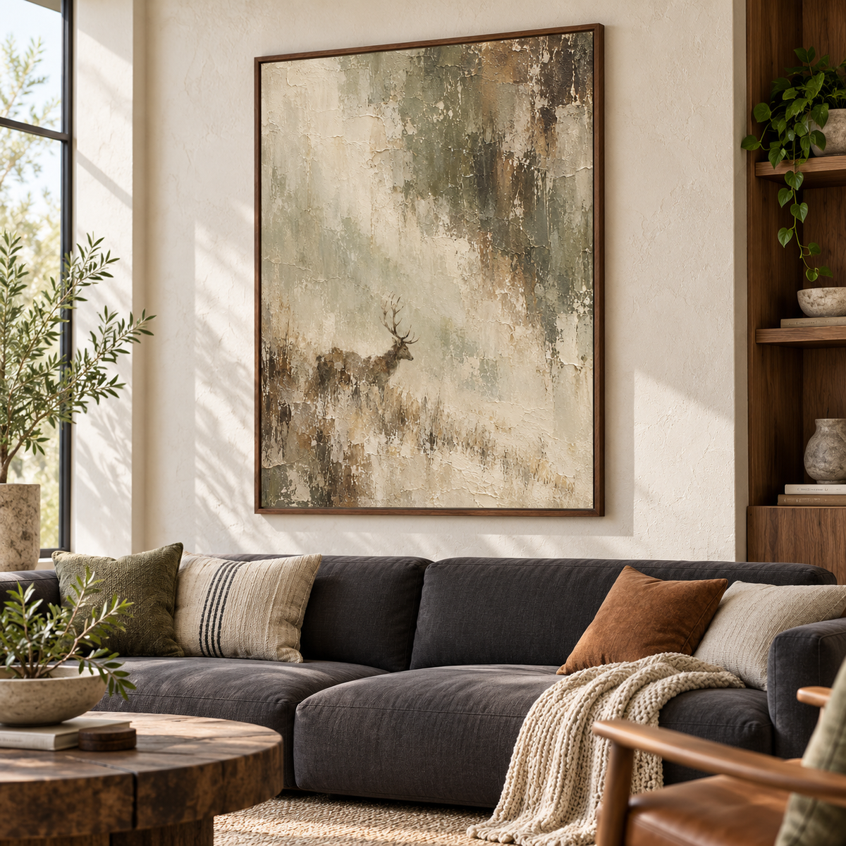 Weathered-Stag painting above a low charcoal sofa in a bright living room with pale walls and a dark coffee table, viewed from the left at seated eye height.