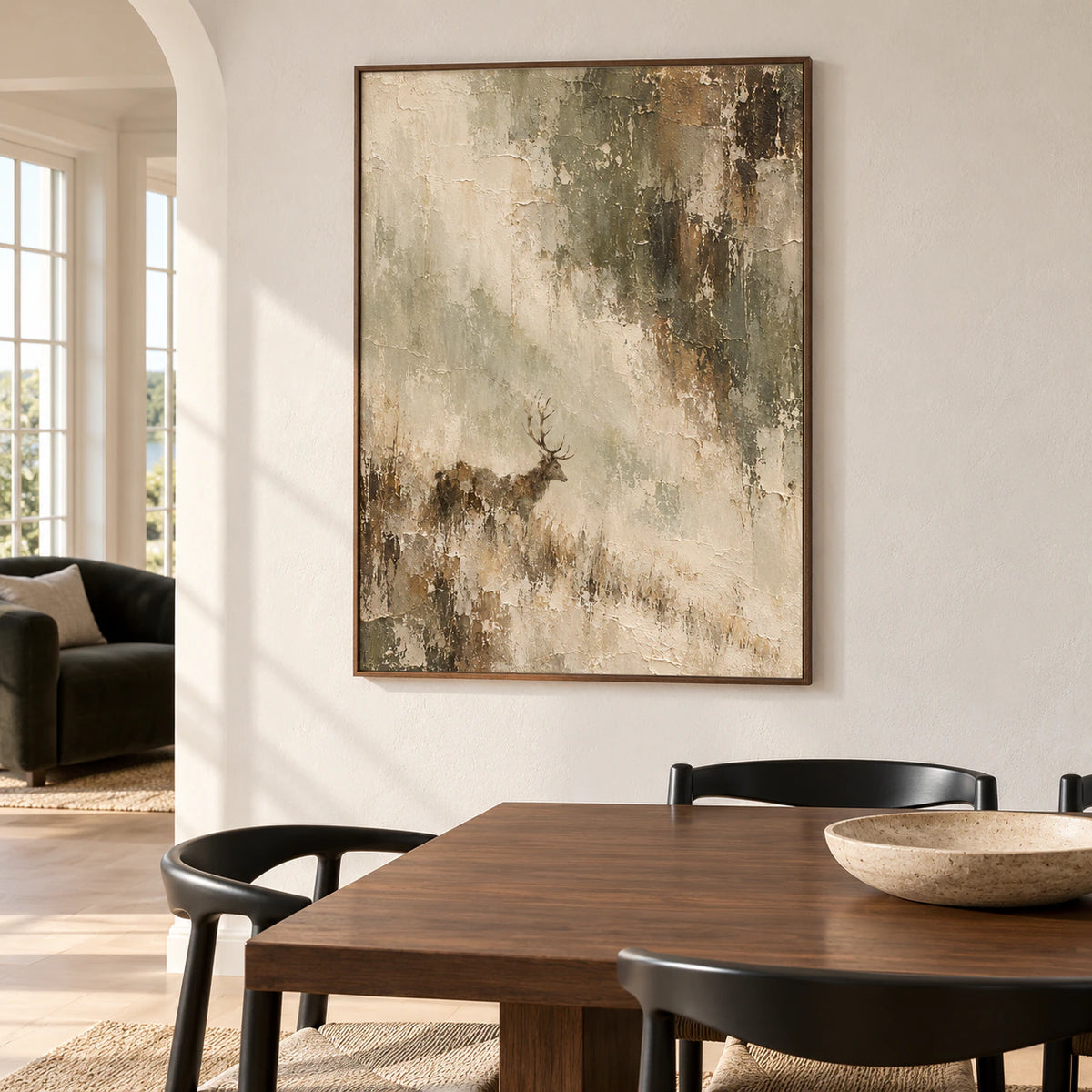 Weathered-Stag painting in a sunlit dining room with a dark walnut table, sculptural black chairs and a pale textured wall, viewed from the right.