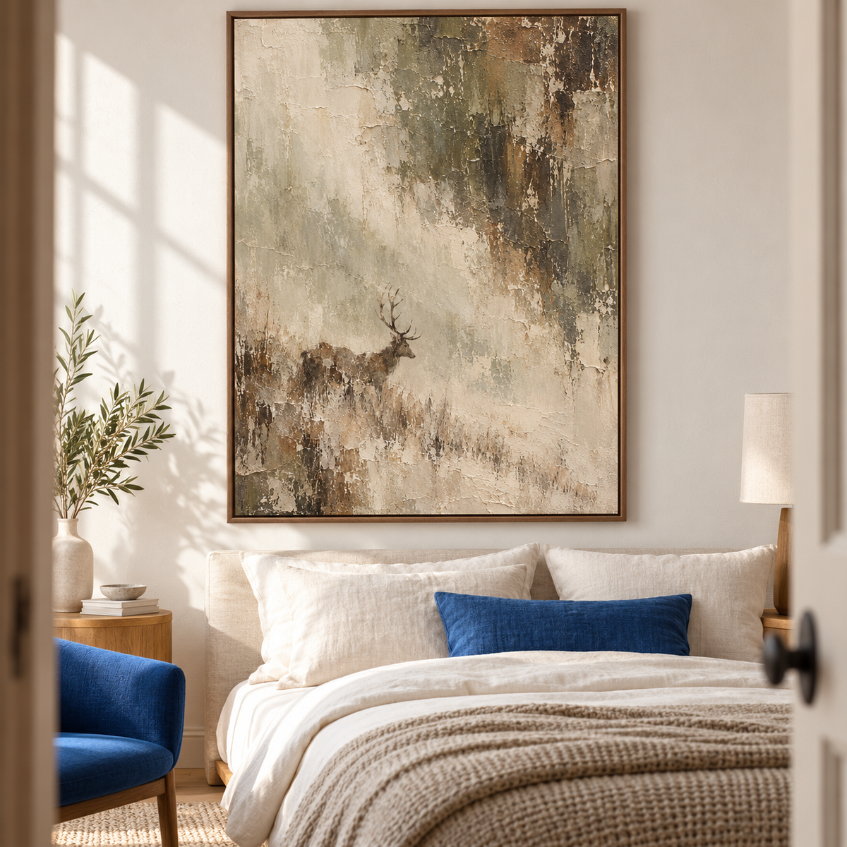 Weathered-Stag painting above a simple bed with pale linen, a muted blue-gray accent and light wood furnishings, viewed from the left slightly above bed height.