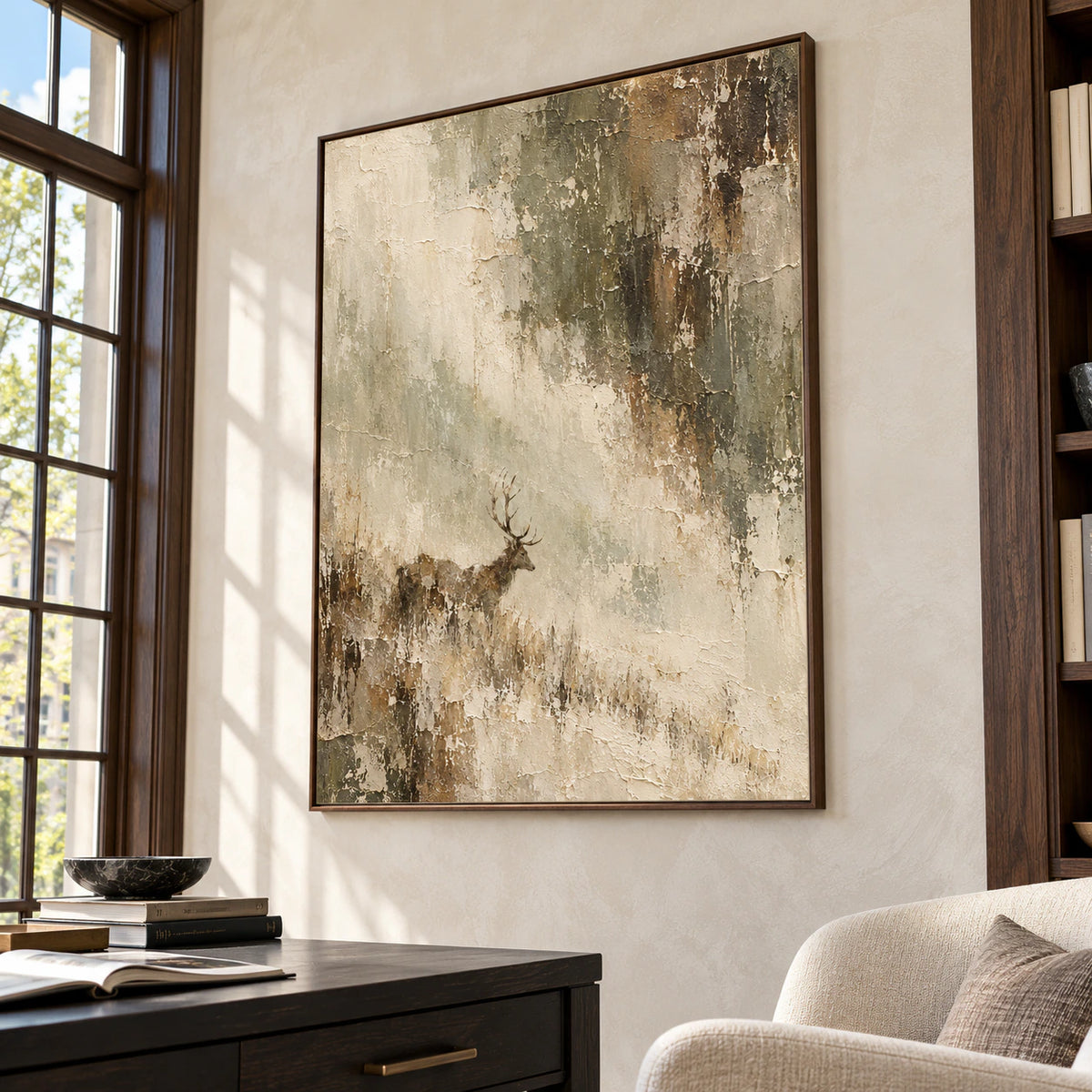 Weathered-Stag painting on a pale home office wall beside a minimal black desk and pale upholstered reading chair, with tall windows, viewed from the right at desk height.