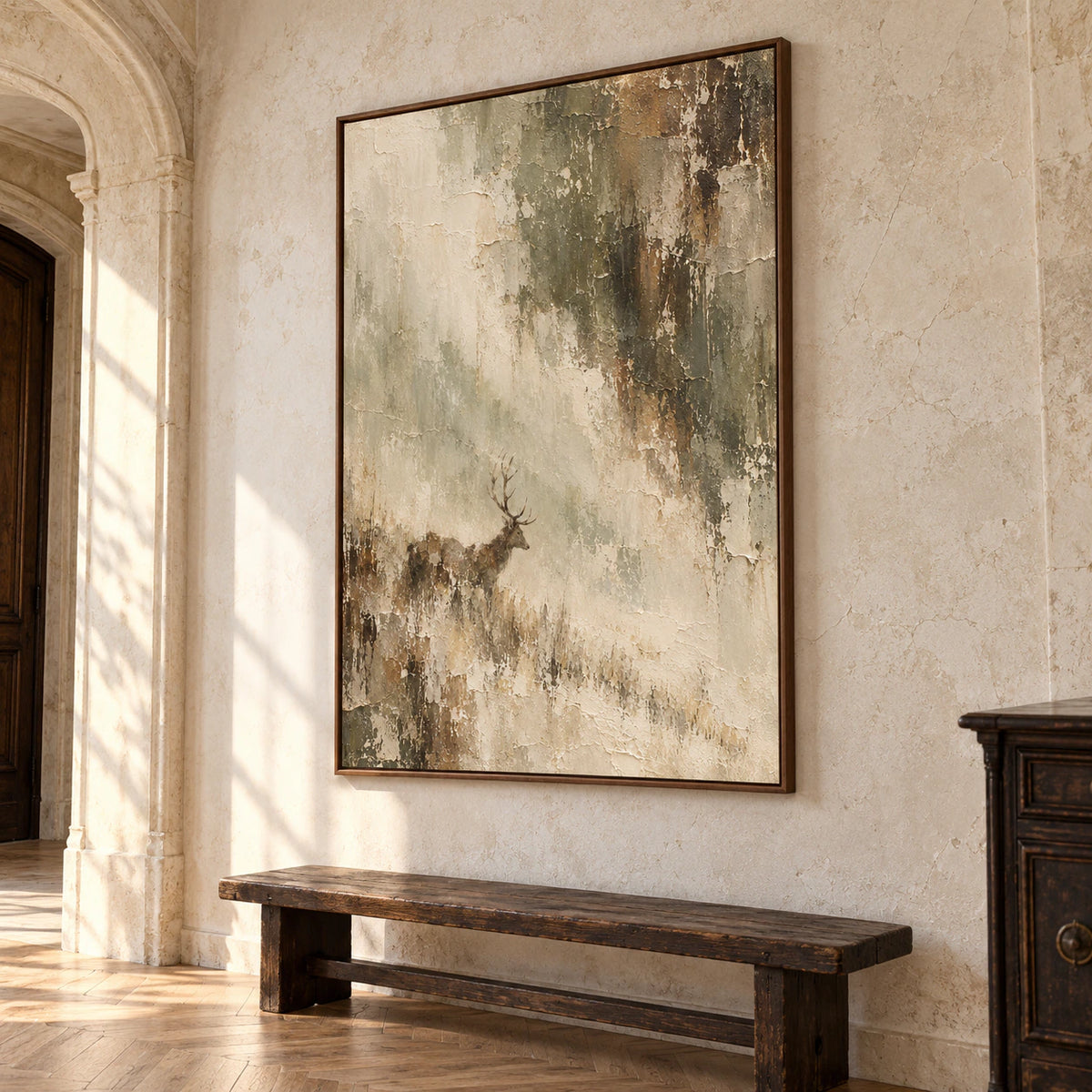 Weathered-Stag painting displayed large on a high pale stone wall in a bright, spacious foyer with sparse dark furnishings, viewed from a low left angle.