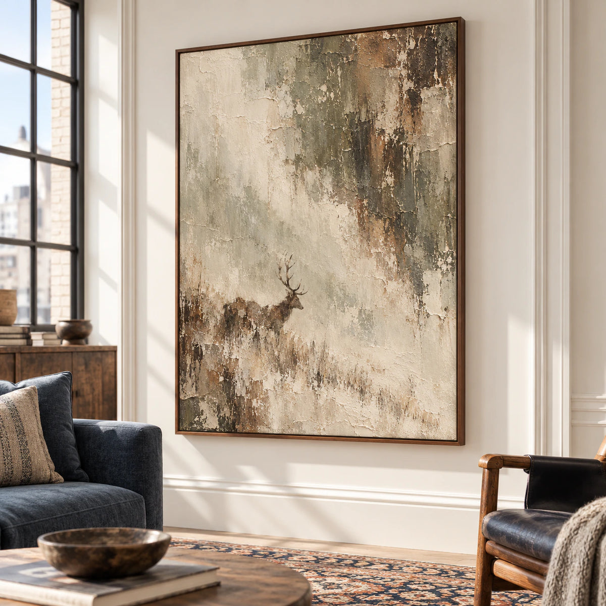 Weathered-Stag painting on a broad light wall in an expansive loft interior with tall factory-style windows and deep blue-gray seating, viewed from the right at standing height.