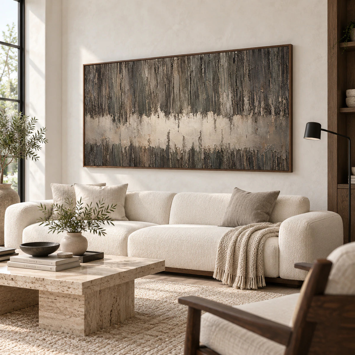 Weathered-Threshold as the focal artwork in a bright contemporary living room.