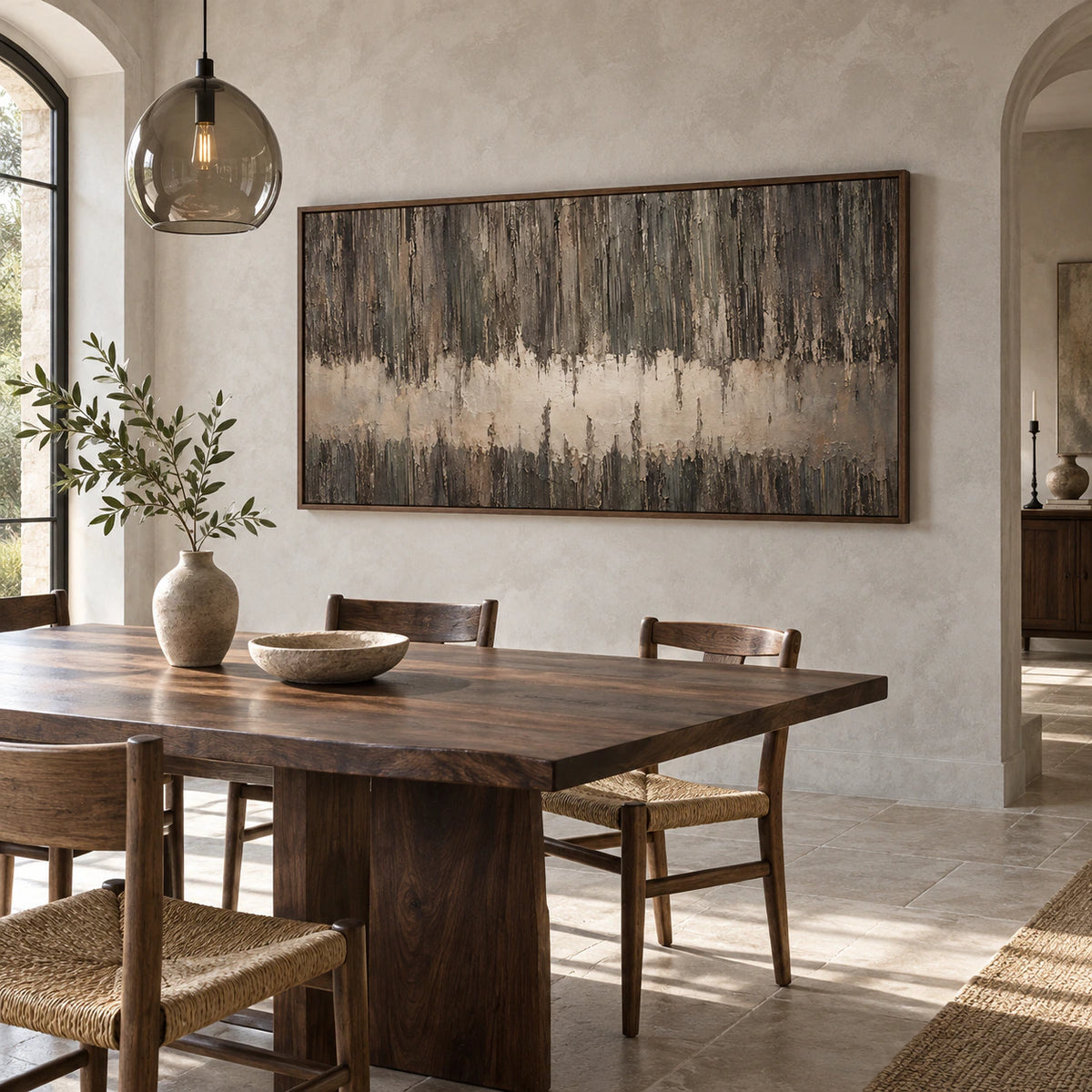 Weathered-Threshold displayed above a refined dining setting in natural daylight.