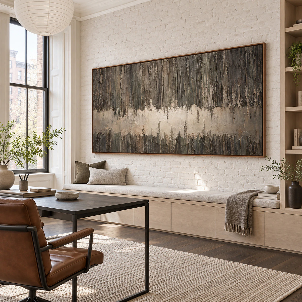 Weathered-Threshold as a statement artwork in an airy home office reading space.