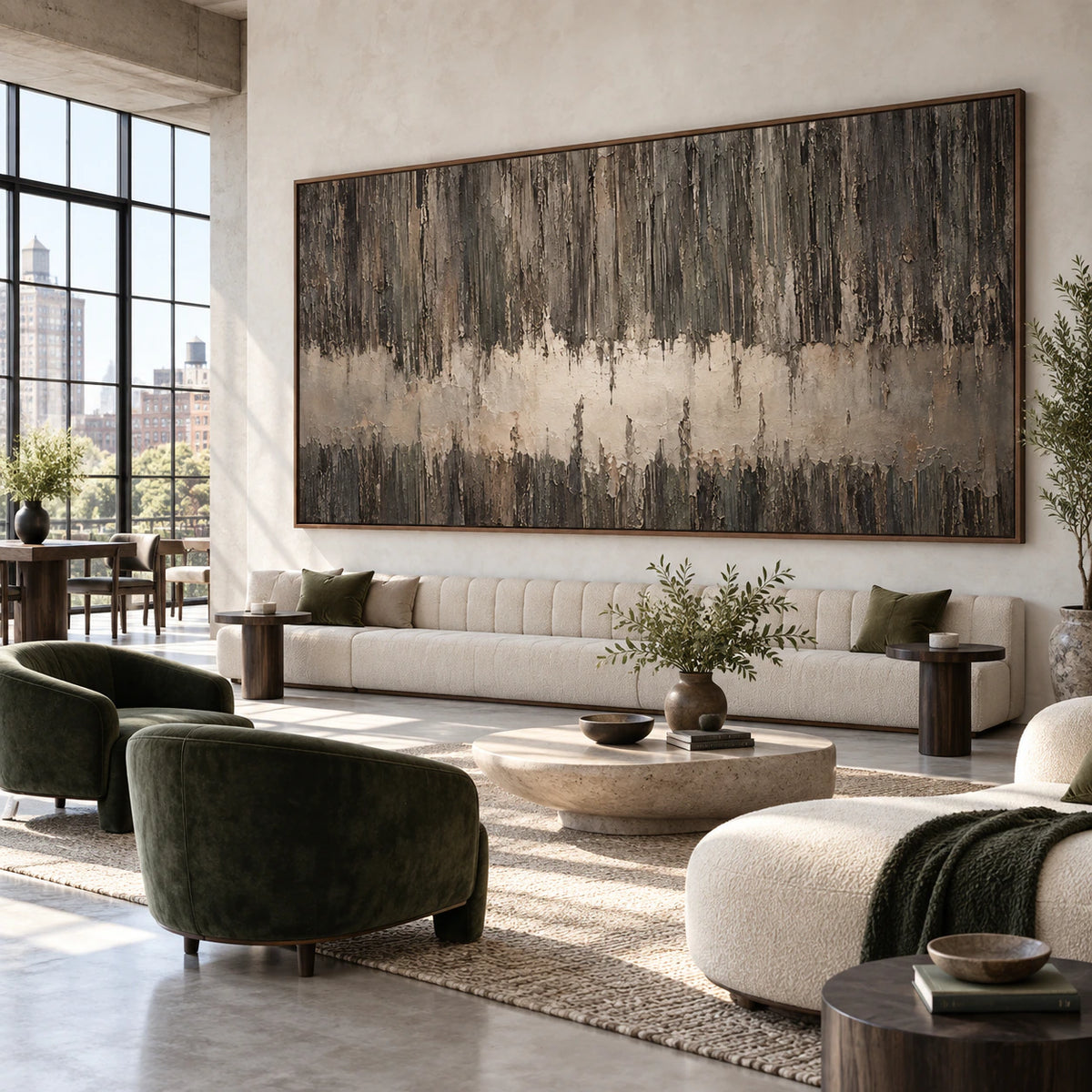 Weathered-Threshold displayed at large scale in an expansive hospitality loft interior.