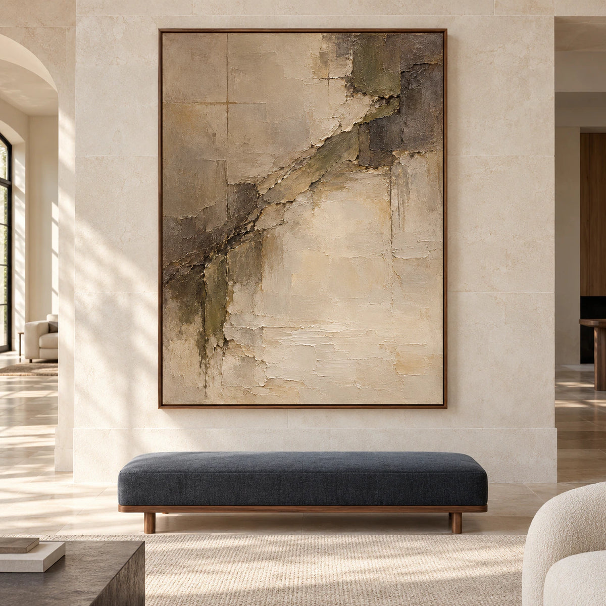 Large vertical abstract painting with a broken diagonal sweep and raised neutral ridges displayed prominently in a spacious modern room.