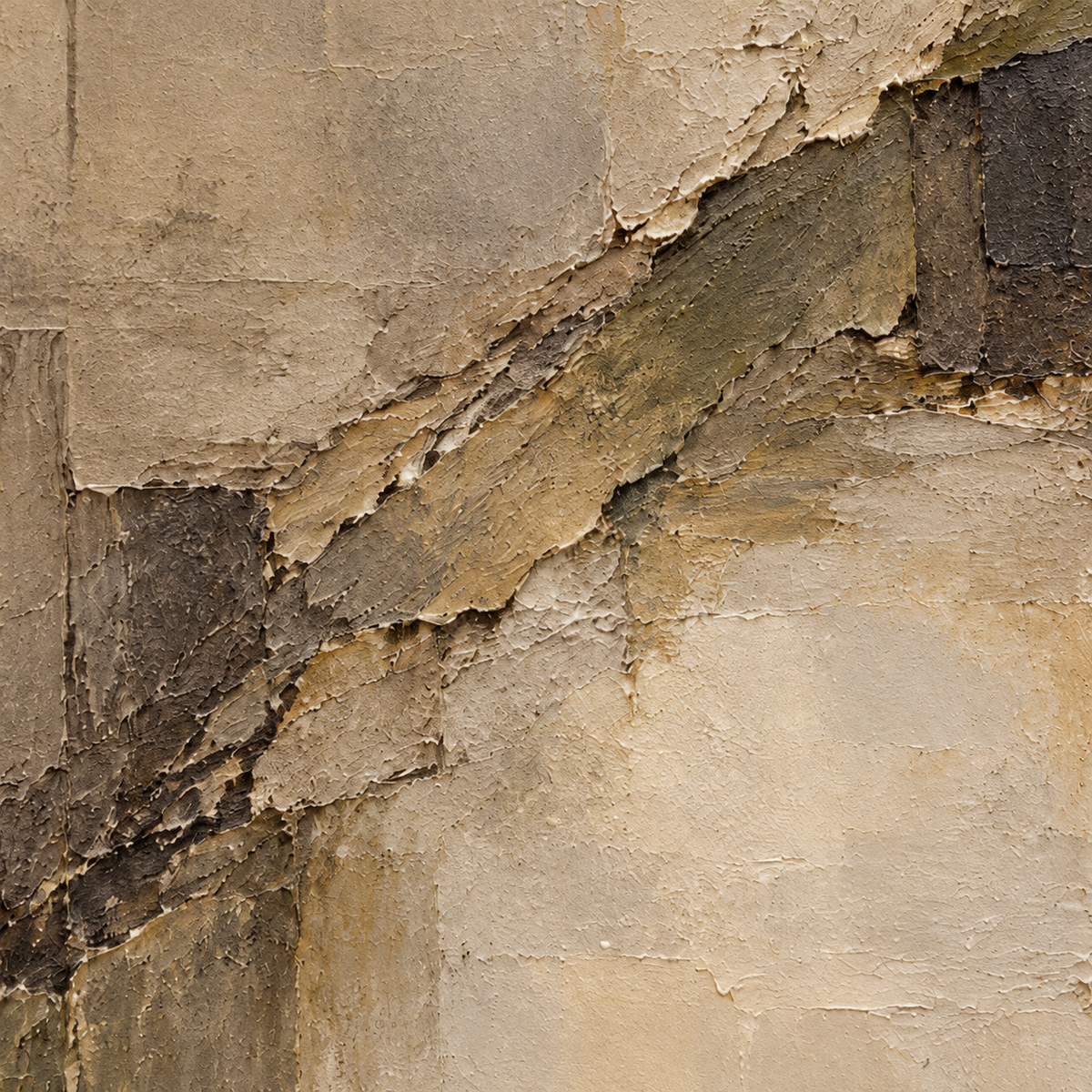 Weathered-Traverse oil painting brushwork and impasto detail photographed from an oblique side angle
