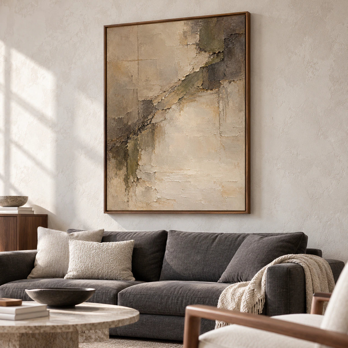 Large vertical abstract painting displayed above a restrained neutral sofa in a bright, open living room.