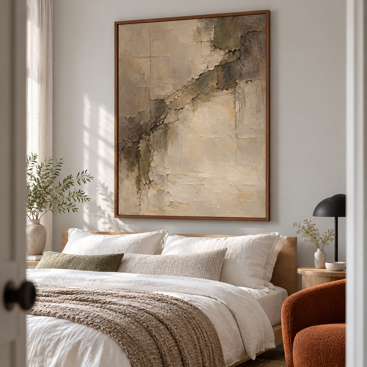 Large vertical abstract painting above a low bed in a quiet, sunlit bedroom with restrained neutral bedding.