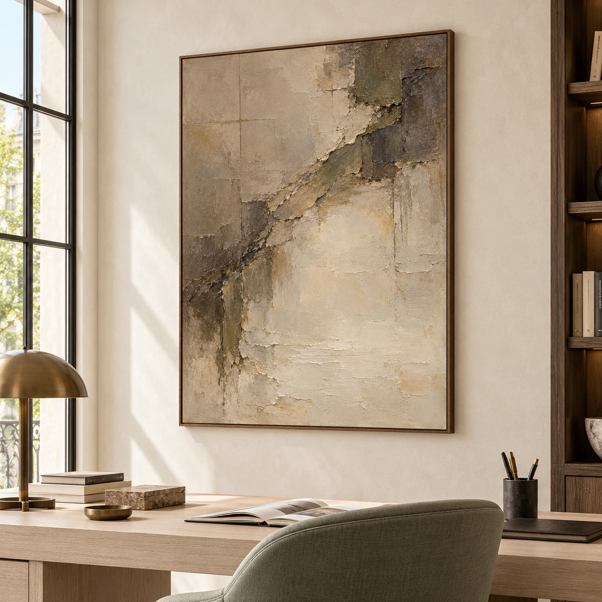 Large vertical abstract painting prominently displayed in an airy home office and reading space.