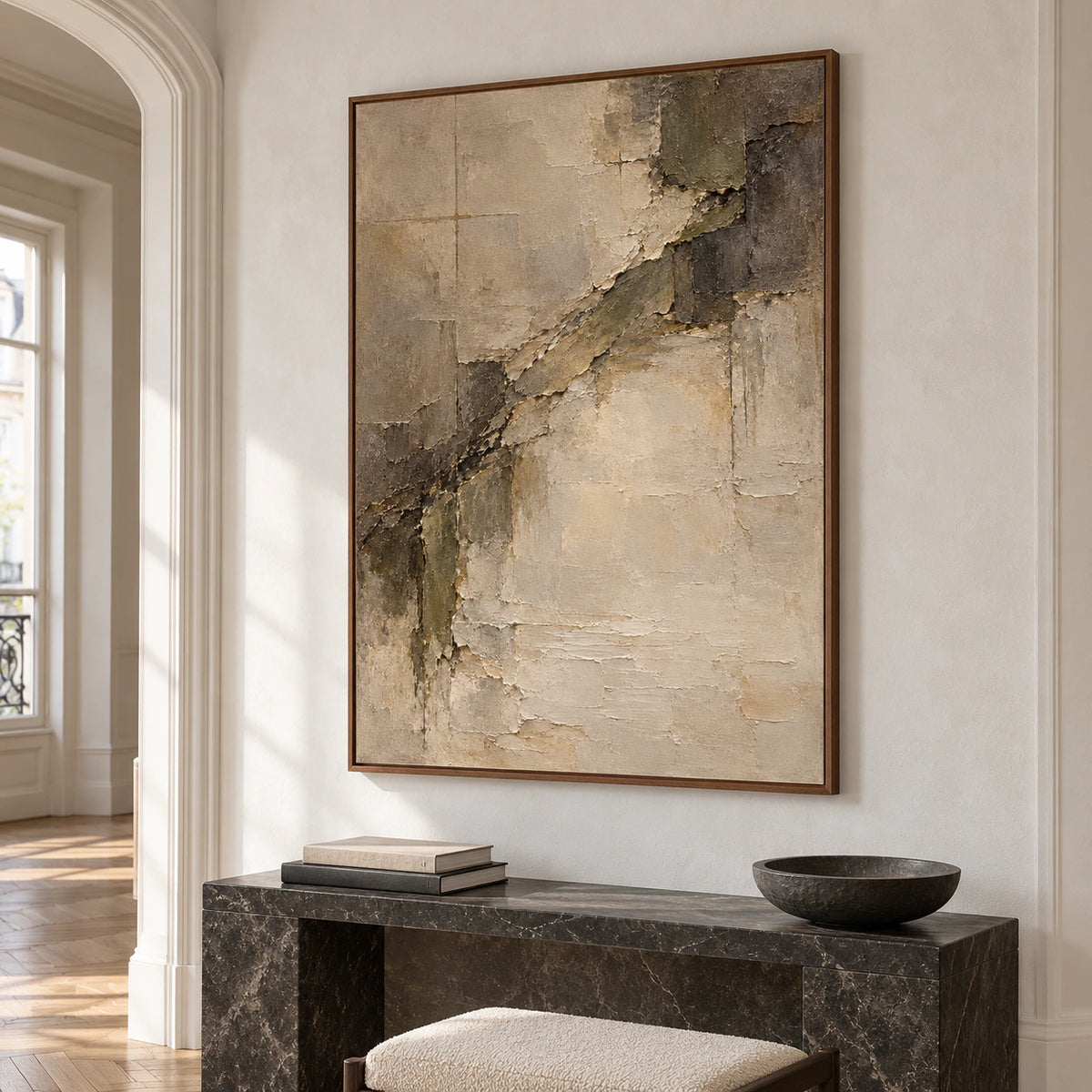 Large vertical abstract painting presented at scale in a bright, open foyer with architectural lines.