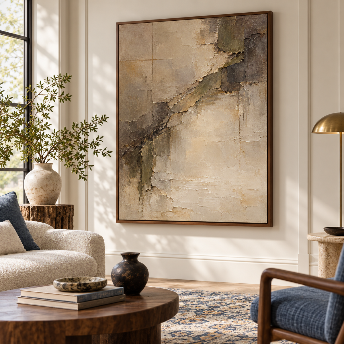Large vertical abstract painting commanding a spacious hospitality or loft interior with high ceilings.