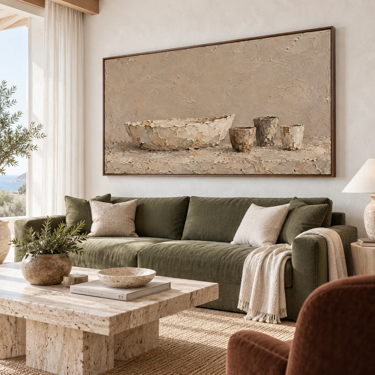 Weathered-Vessels above a sofa in a bright contemporary living room.