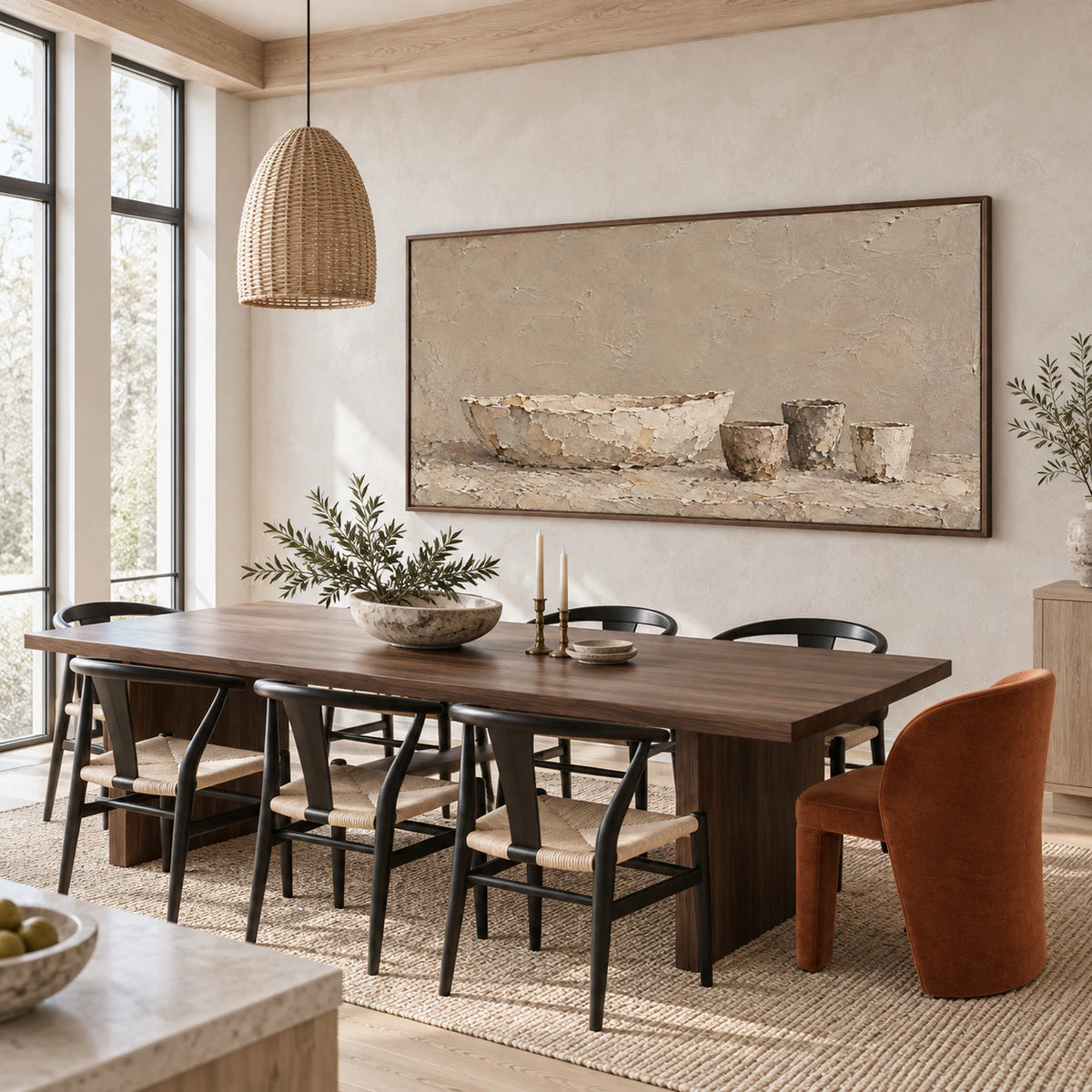 Weathered-Vessels as the focal point of a refined daylight dining room.