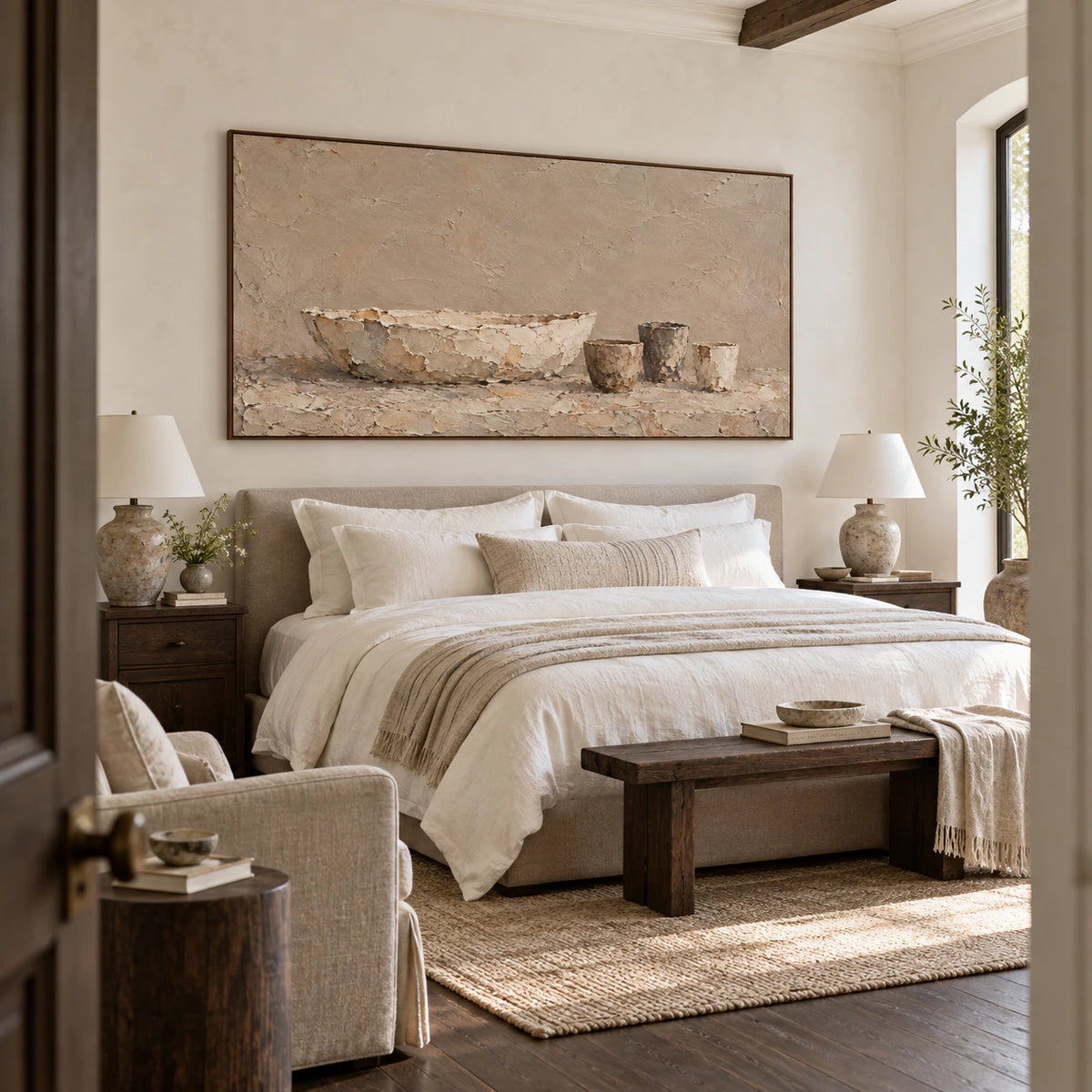 Weathered-Vessels above a low console in a quiet neutral bedroom.