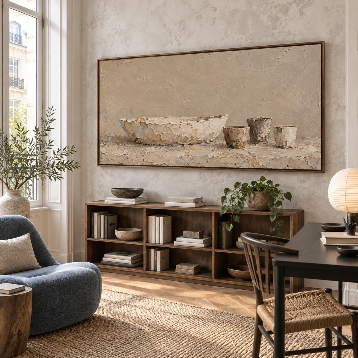 Weathered-Vessels in an airy reading and home office space.