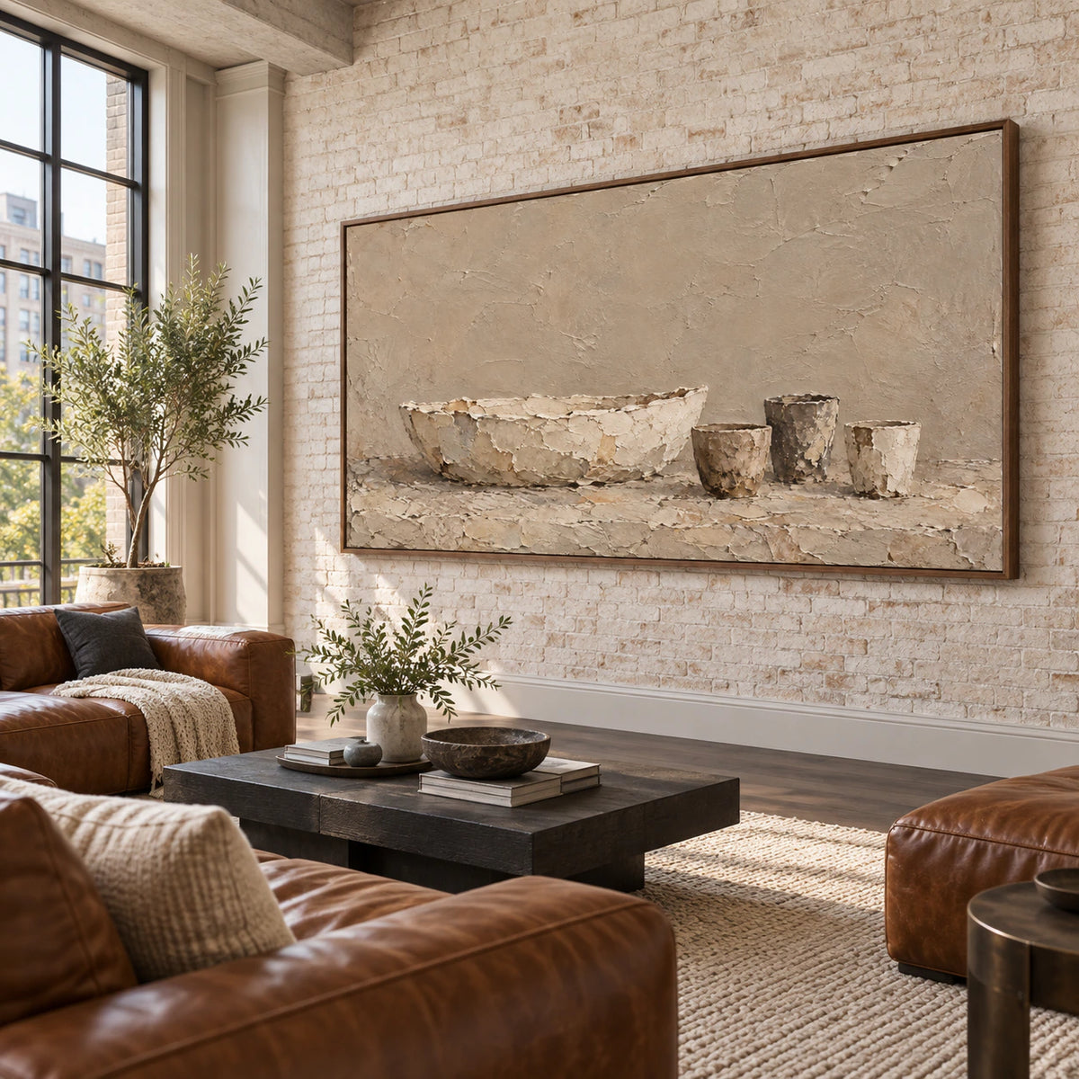 Weathered-Vessels as a large focal artwork in an open loft hospitality interior.