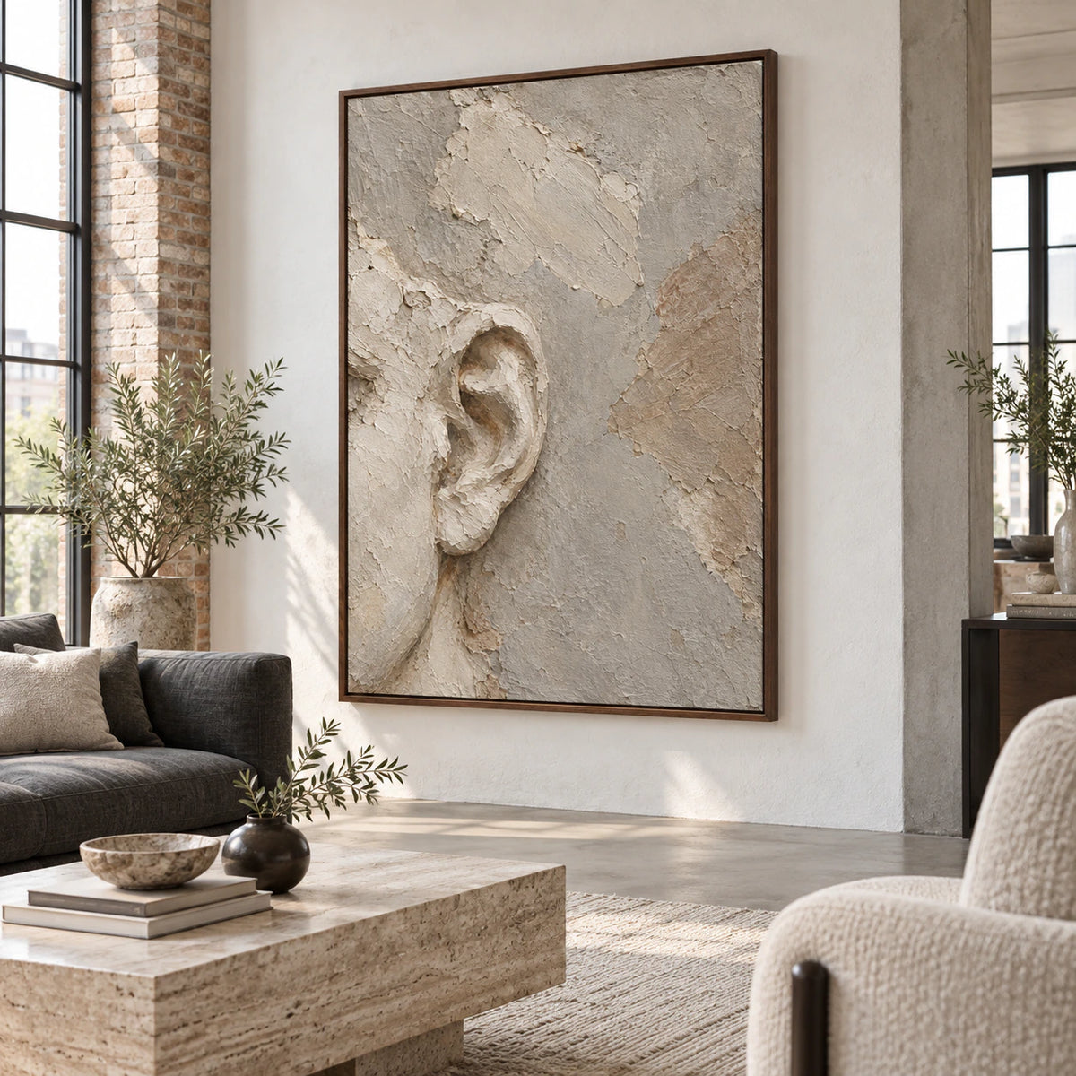 Whispered-Contour above a restrained sofa in a bright contemporary living room.