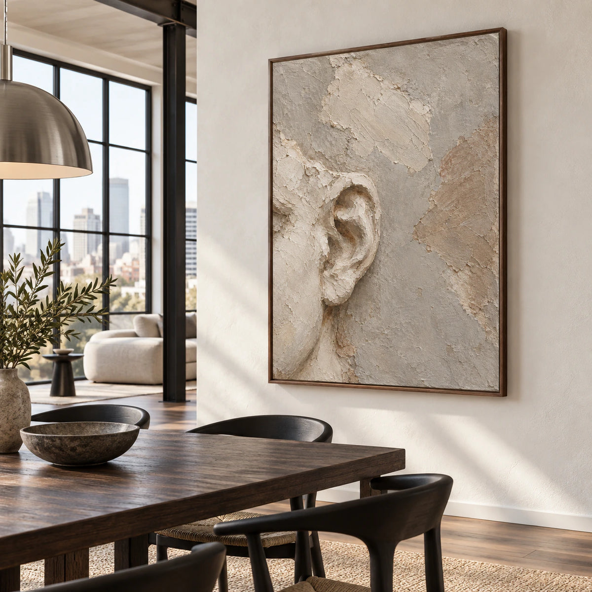 Whispered-Contour as the focal artwork in a refined daylight dining room.