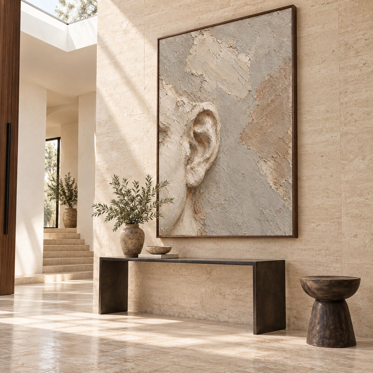 Whispered-Contour presented at gallery scale in an open, sunlit foyer.