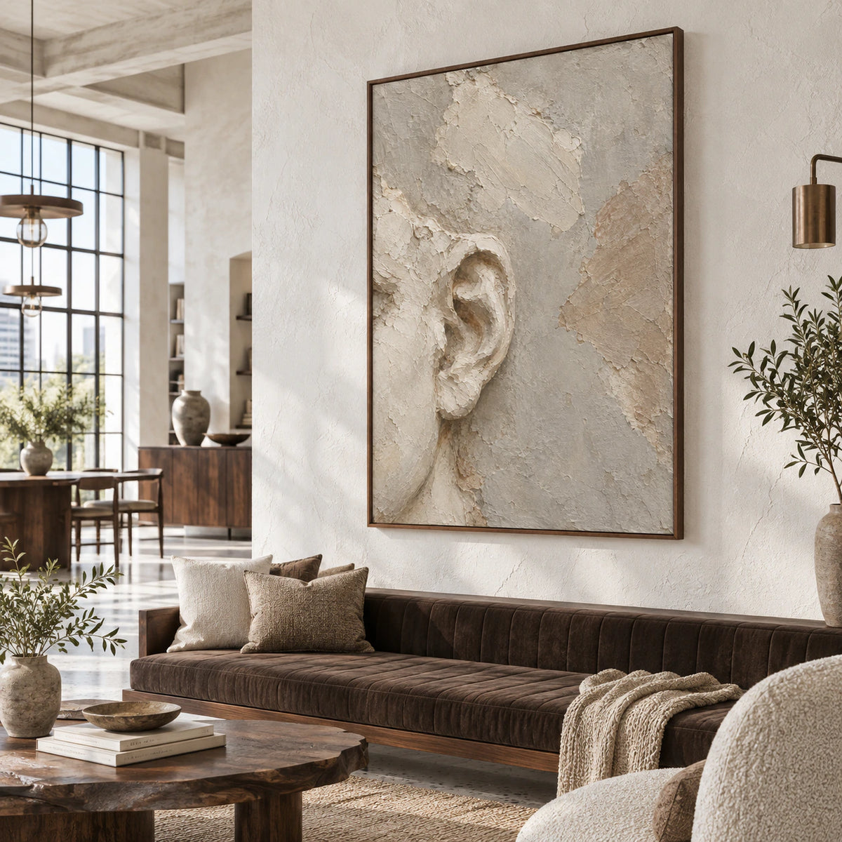 Whispered-Contour anchoring a spacious hospitality loft interior.
